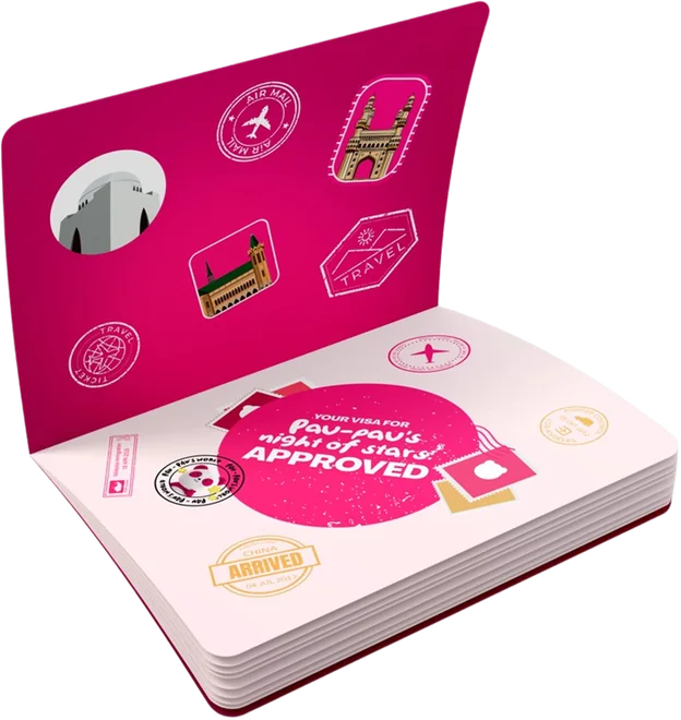 Pau Pau's World passport-style event invite