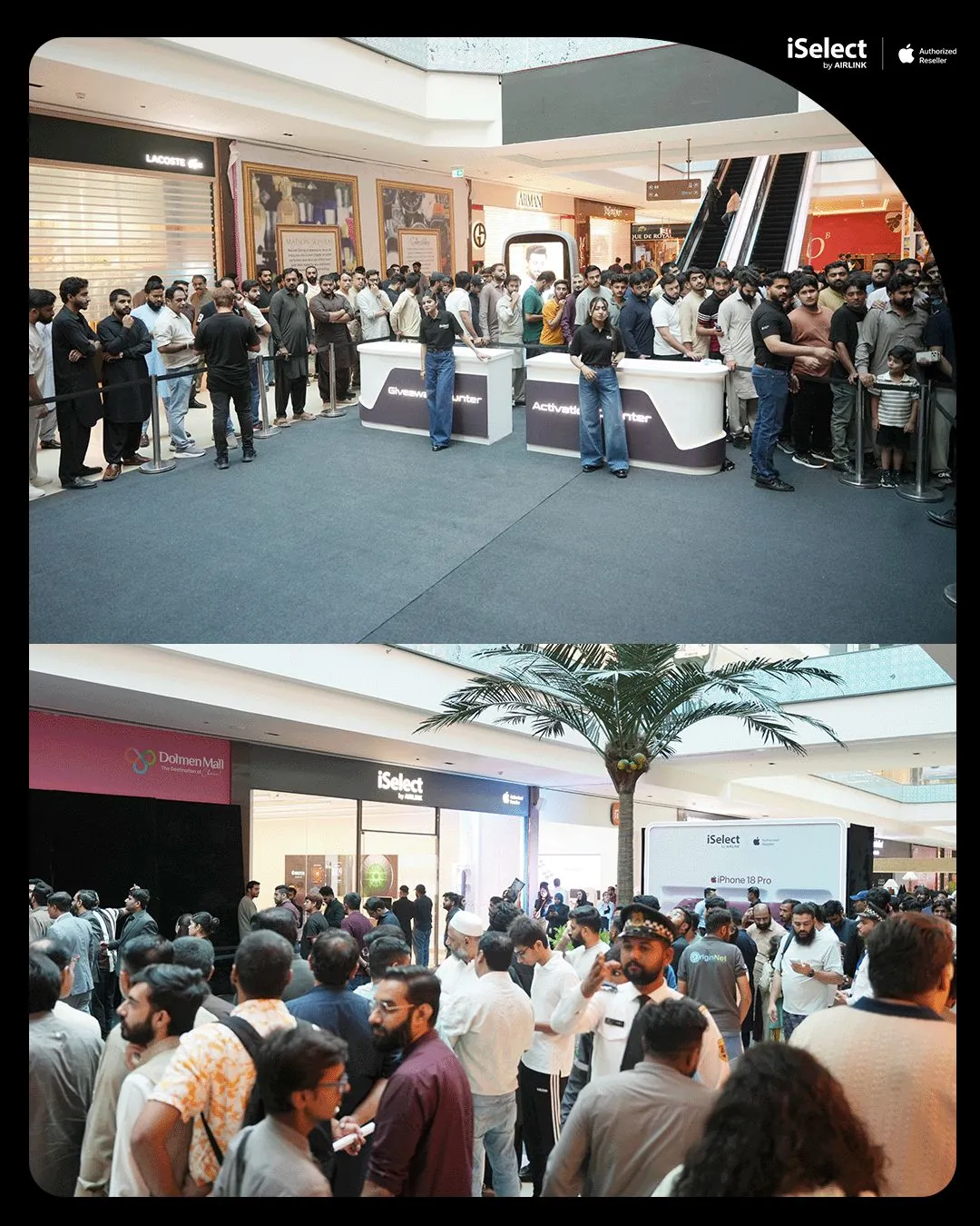 Crowds and branded activation counters at the iPhone 18 Pro launch, Dolmen Mall Lahore